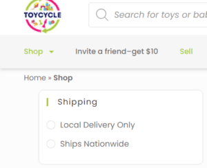 Screenshot of local delivery and shipping options on ToyCycle